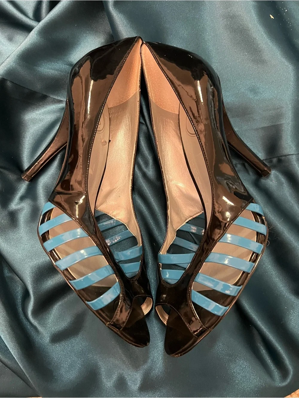 Jessica Simpson Black Patent Peep-Toe Heels with Blue Strap Details